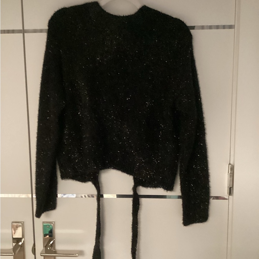Zara Black Sparkle Crewneck Sweater with Tie-Hem